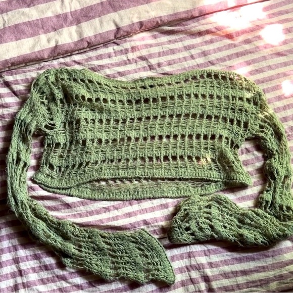 BDG Sweaters - BDG Sage Green Open-Weave Cropped Sweater